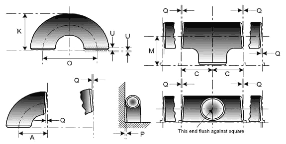Dimensões frente e verso dos encaixes de tubulação de ASME B16.9 S32205